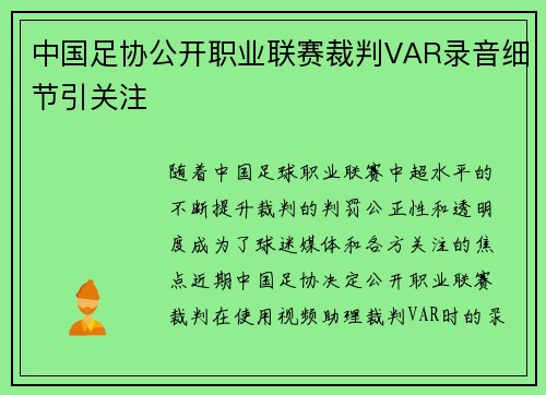中国足协公开职业联赛裁判VAR录音细节引关注