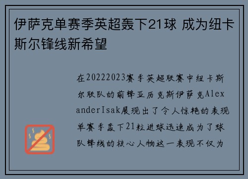 伊萨克单赛季英超轰下21球 成为纽卡斯尔锋线新希望