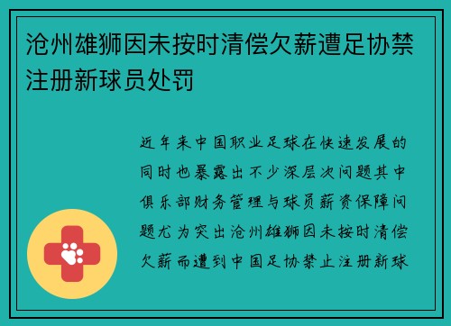 沧州雄狮因未按时清偿欠薪遭足协禁注册新球员处罚 沧州雄狮因未按时清偿欠薪遭足协禁注册新球员处罚