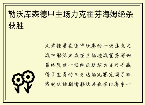 勒沃库森德甲主场力克霍芬海姆绝杀获胜 勒沃库森德甲主场力克霍芬海姆绝杀获胜